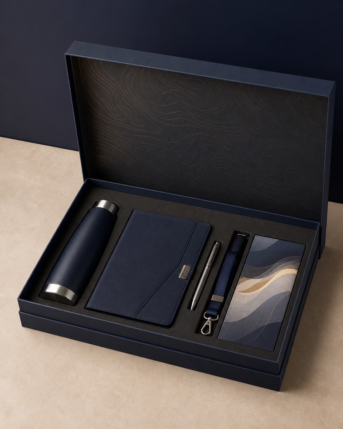 Illustrative VIP event welcome kit with bottle, folio, pen and lanyard