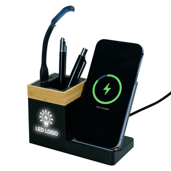 Aliar – 15W Bamboo and Recycled Wireless Charger and Pen Holder detail 2