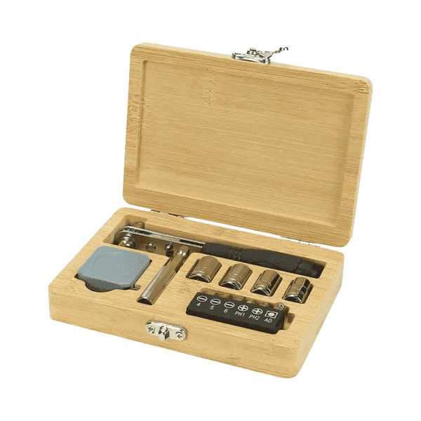 FixMate – Compact Tool Kit in Bamboo Box with Silver Lock