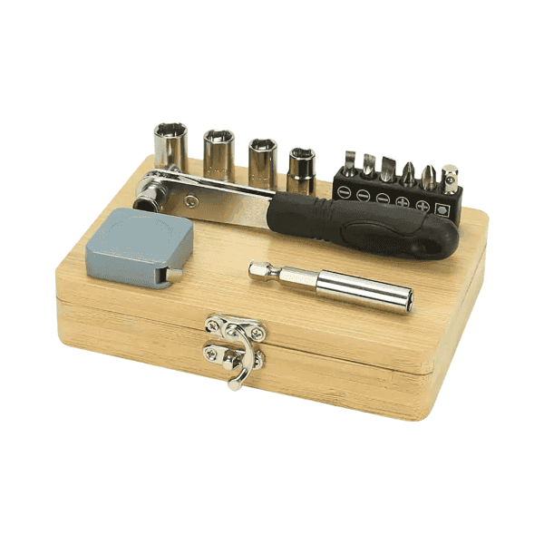 FixMate – Compact Tool Kit in Bamboo Box with Silver Lock detail 3