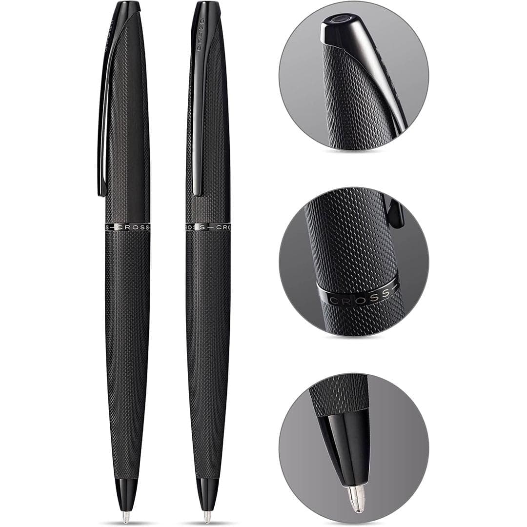 Cross ATX® Brushed Black with Machine-Turned Diamond Pattern Engraving with Polished Black PVD Appointments Ballpoint Pen (Blue Ink) detail 2