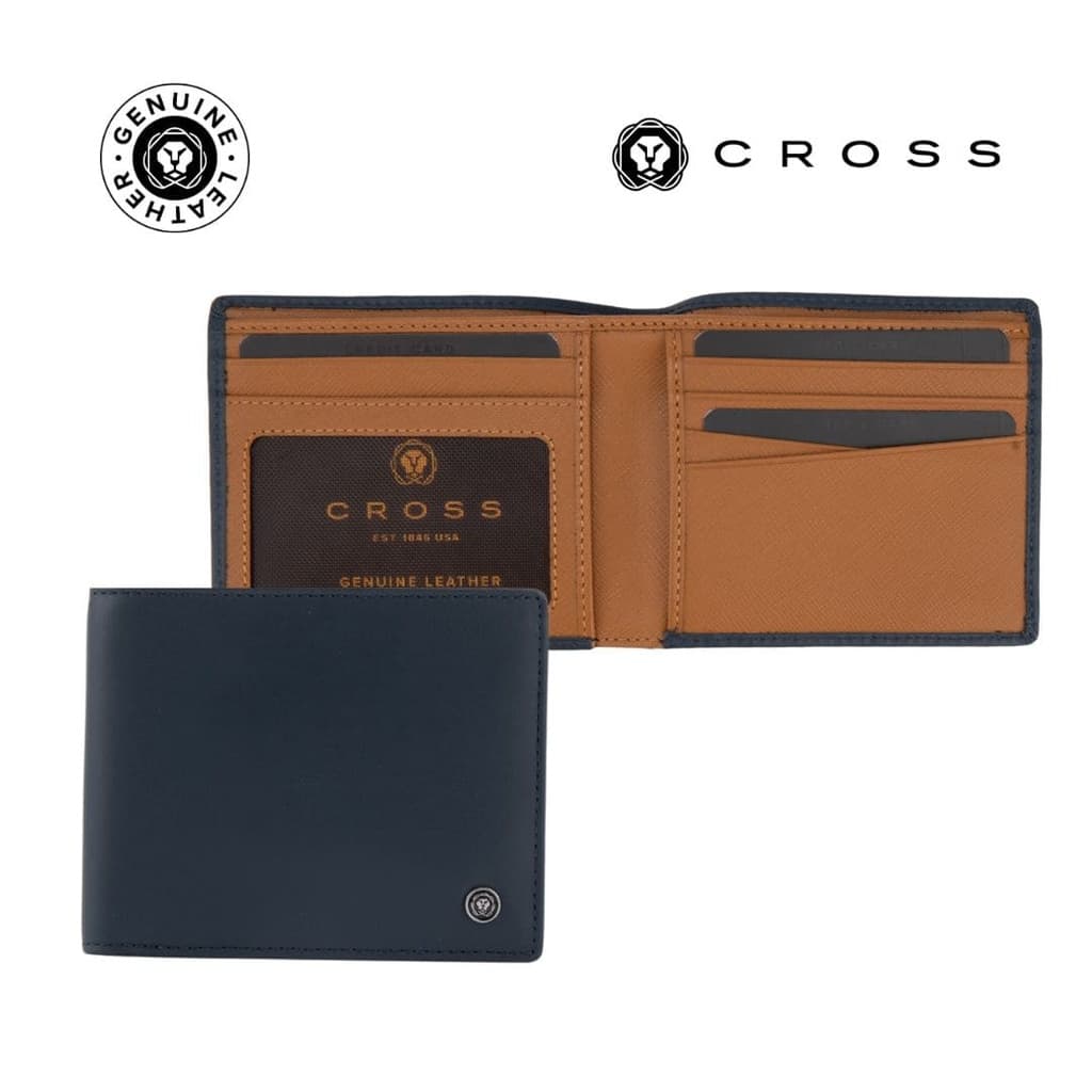 CROSS Soft Grain Leather Two-Tone 8CC Bifold Wallet - Blue/Mocha corporate gift