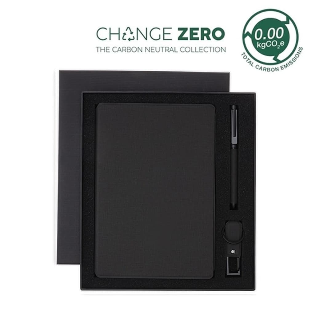 LENZEN - CHANGE ZERO Sustainable Gift Set with Refillable Notebook, Pen & USB Keychain - Black corporate gift