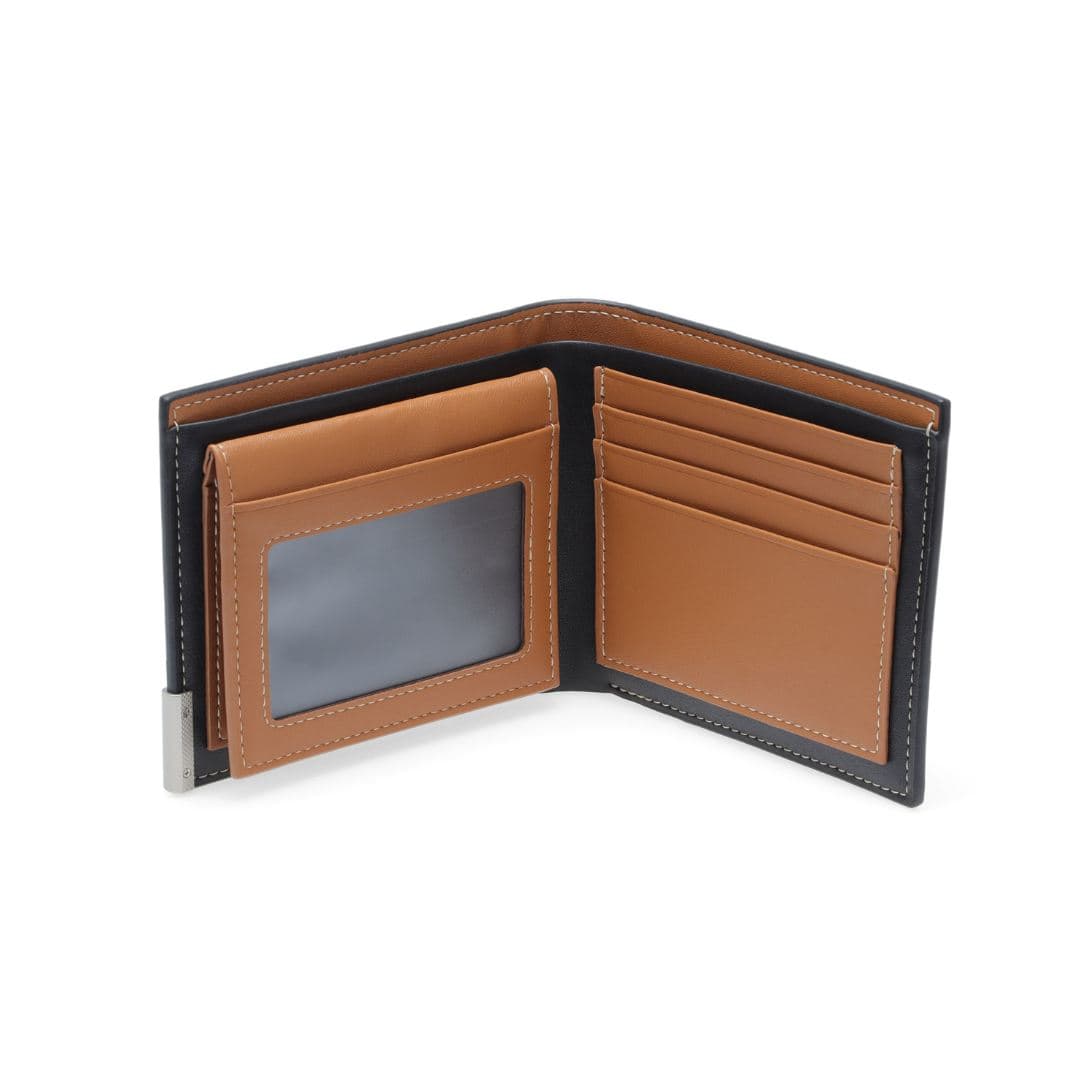 NIORT - Men's Billfold PU wallet with flip pocket - Black / Tan detail 2