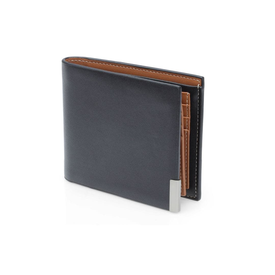 NIORT - Men's Billfold PU wallet with flip pocket - Black / Tan detail 3