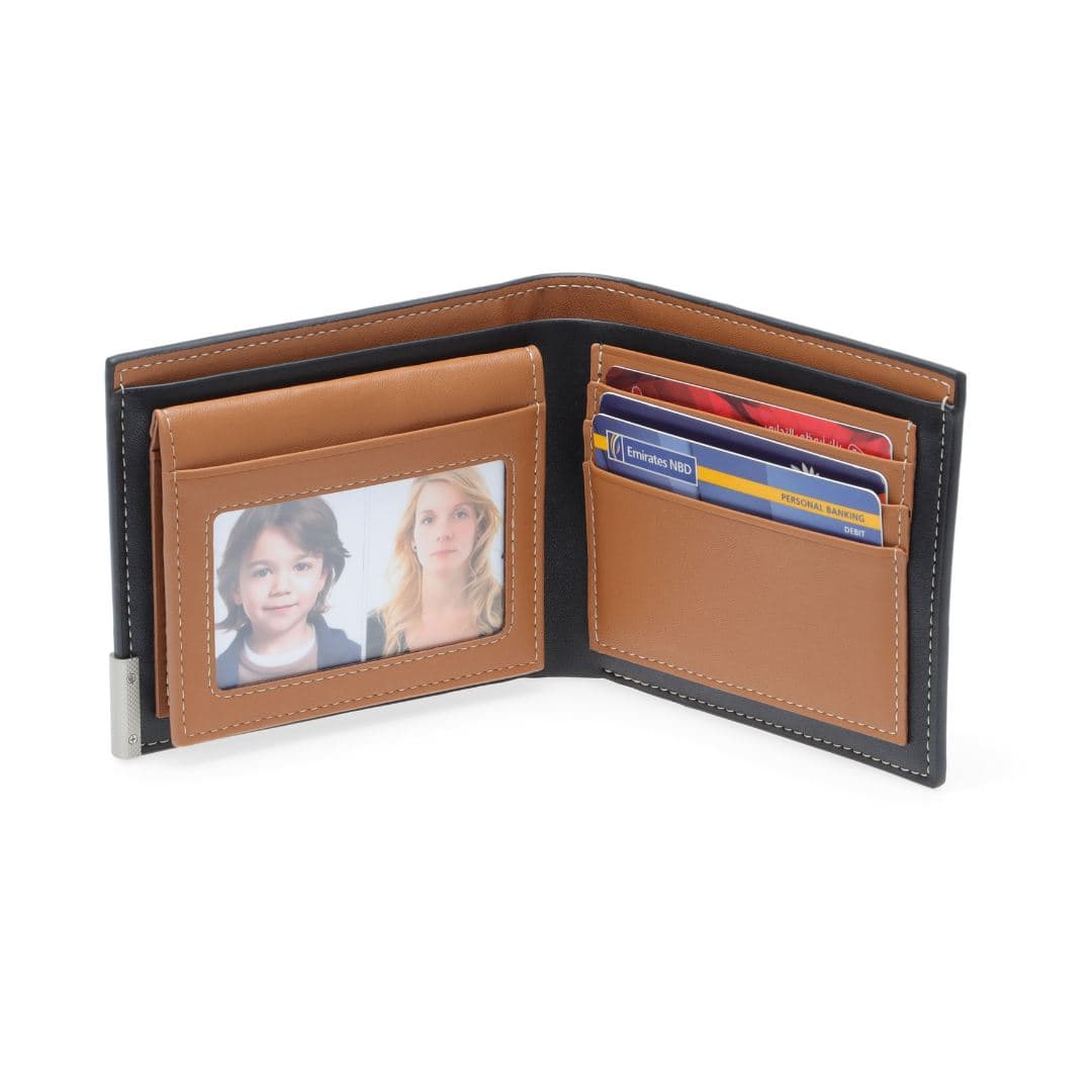 NIORT - Men's Billfold PU wallet with flip pocket - Black / Tan detail 4