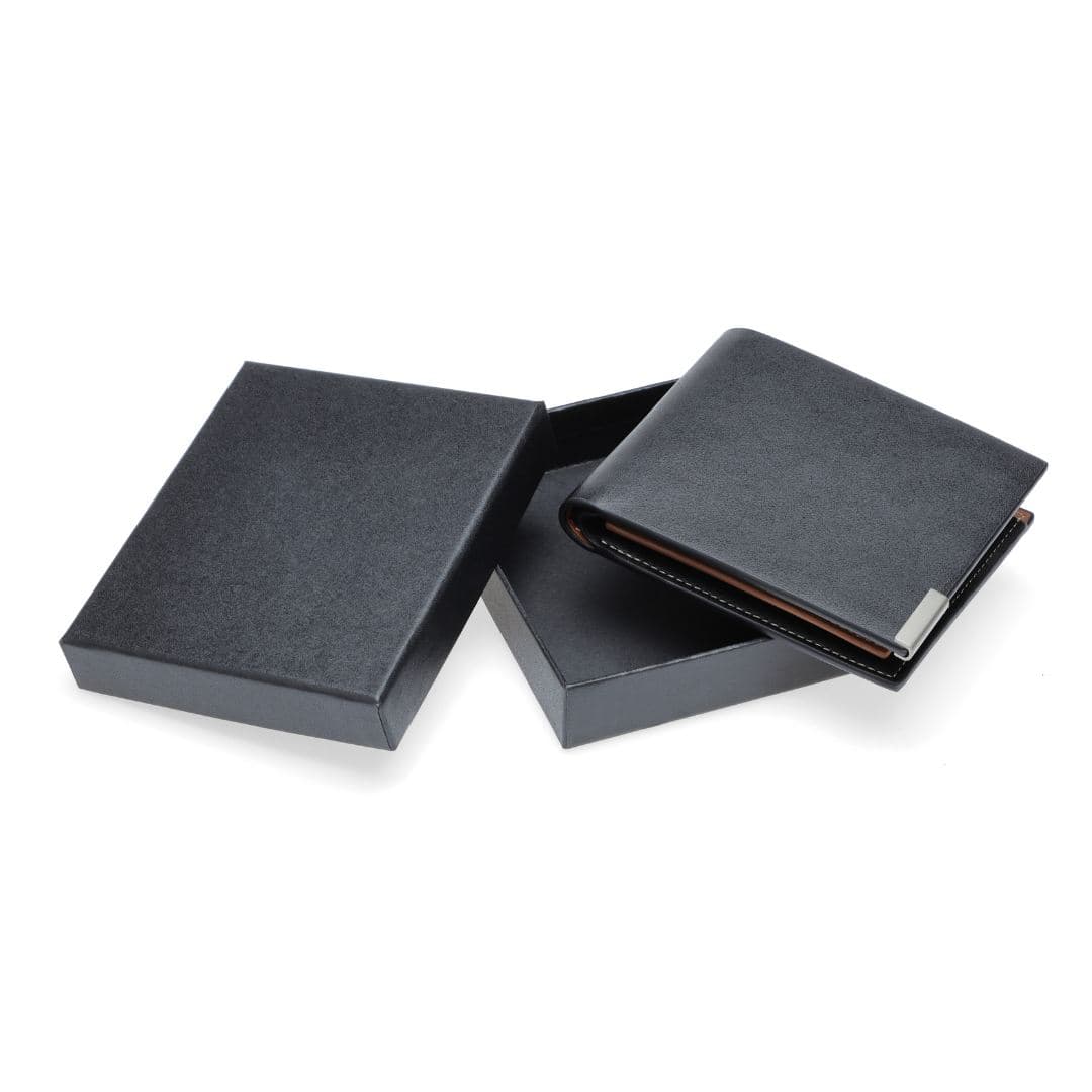 NIORT - Men's Billfold PU wallet with flip pocket - Black / Tan detail 6