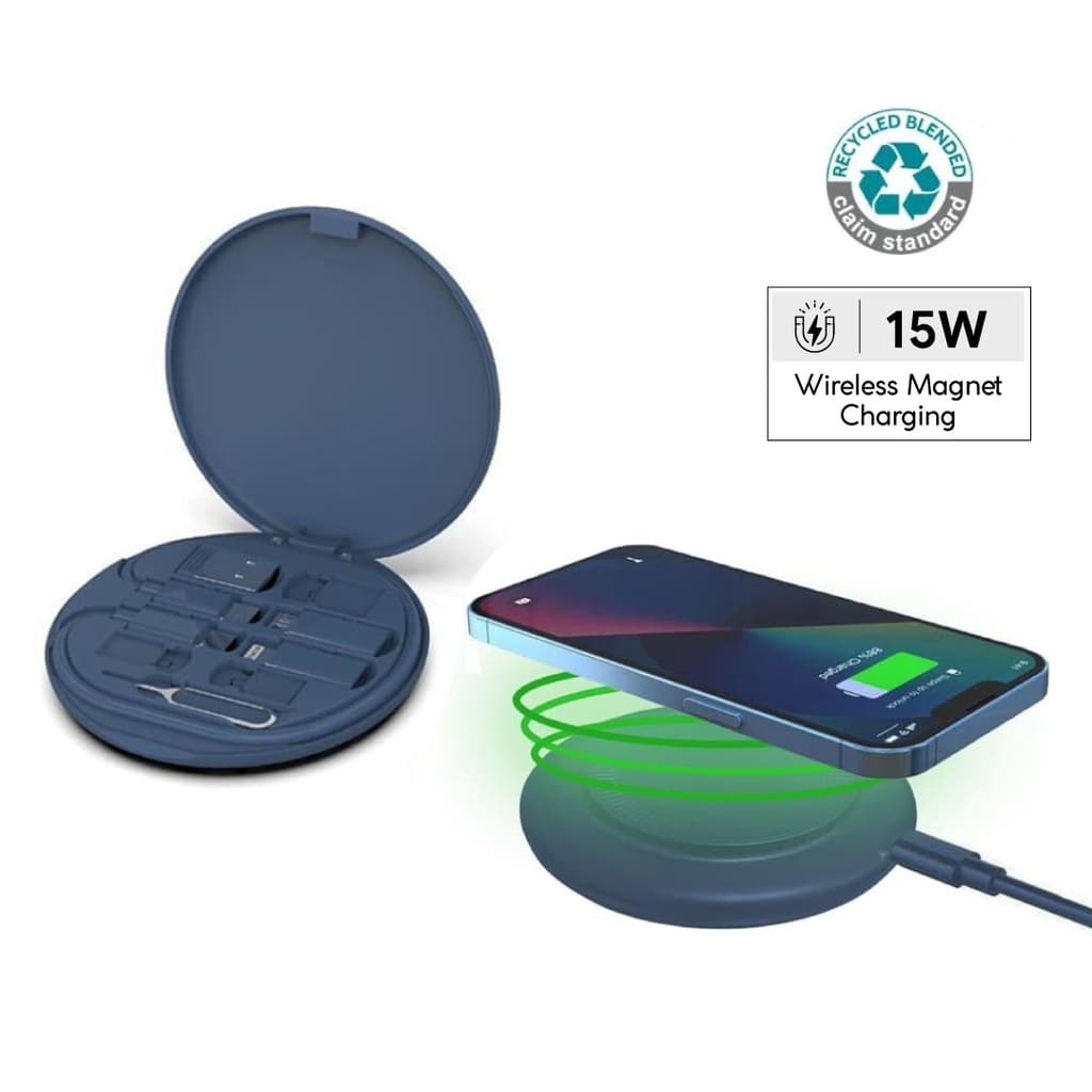 OSLO Mag - @memorii Recycled 15W Magnetic Wireless Charger Multicable Set - Blue corporate gift