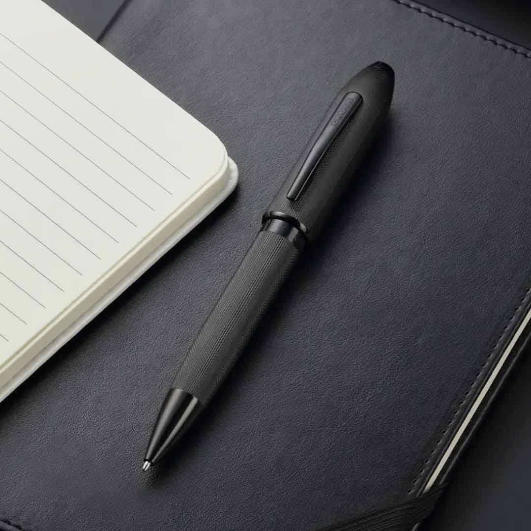 Peerless™ Polished Black PVD Engraved Diamond Pattern with Black PVD Appointments and Swarovski Crystal Ballpoint Pen (Blue Ink) detail 6