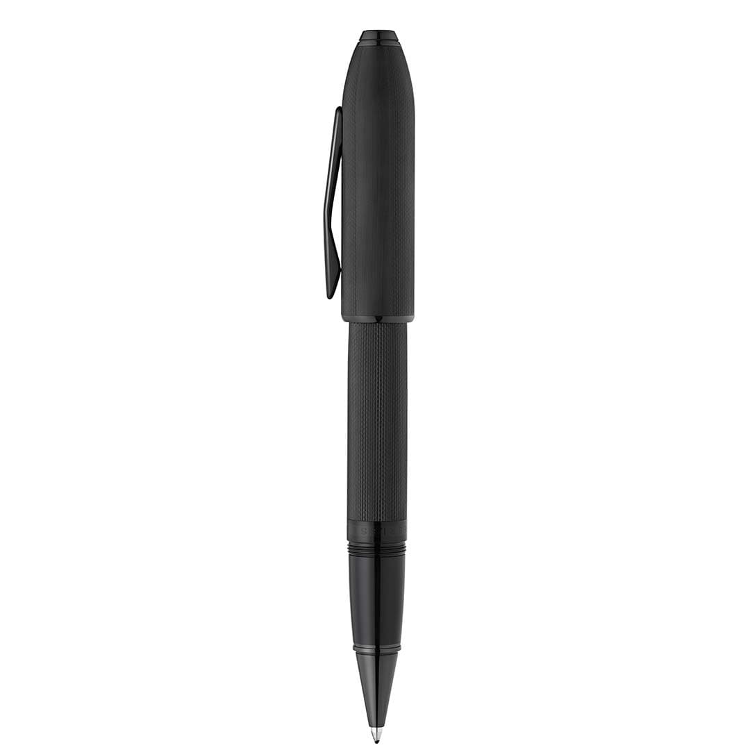 Peerless™ Polished Black PVD Engraved Diamond Pattern with Black PVD Appointments and Swarovski Crystal Rollerball Pen (Blue Ink) detail 2