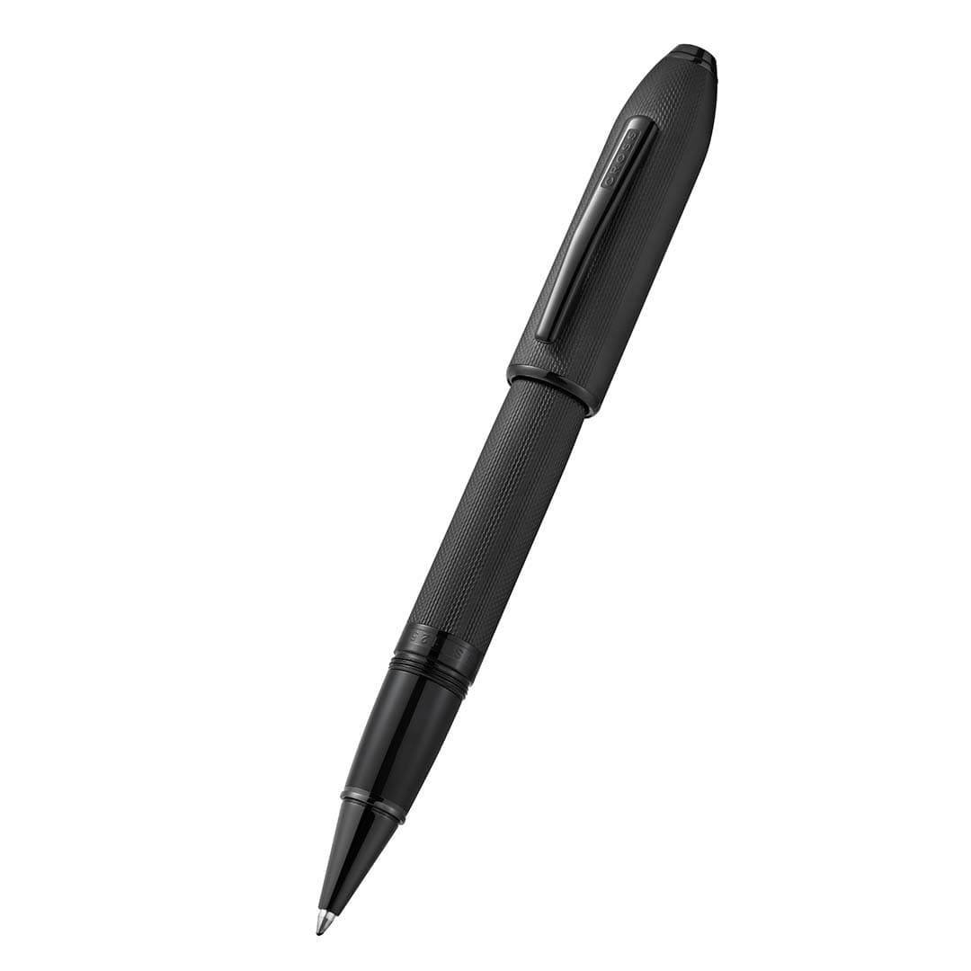 Peerless™ Polished Black PVD Engraved Diamond Pattern with Black PVD Appointments and Swarovski Crystal Rollerball Pen (Blue Ink) detail 3