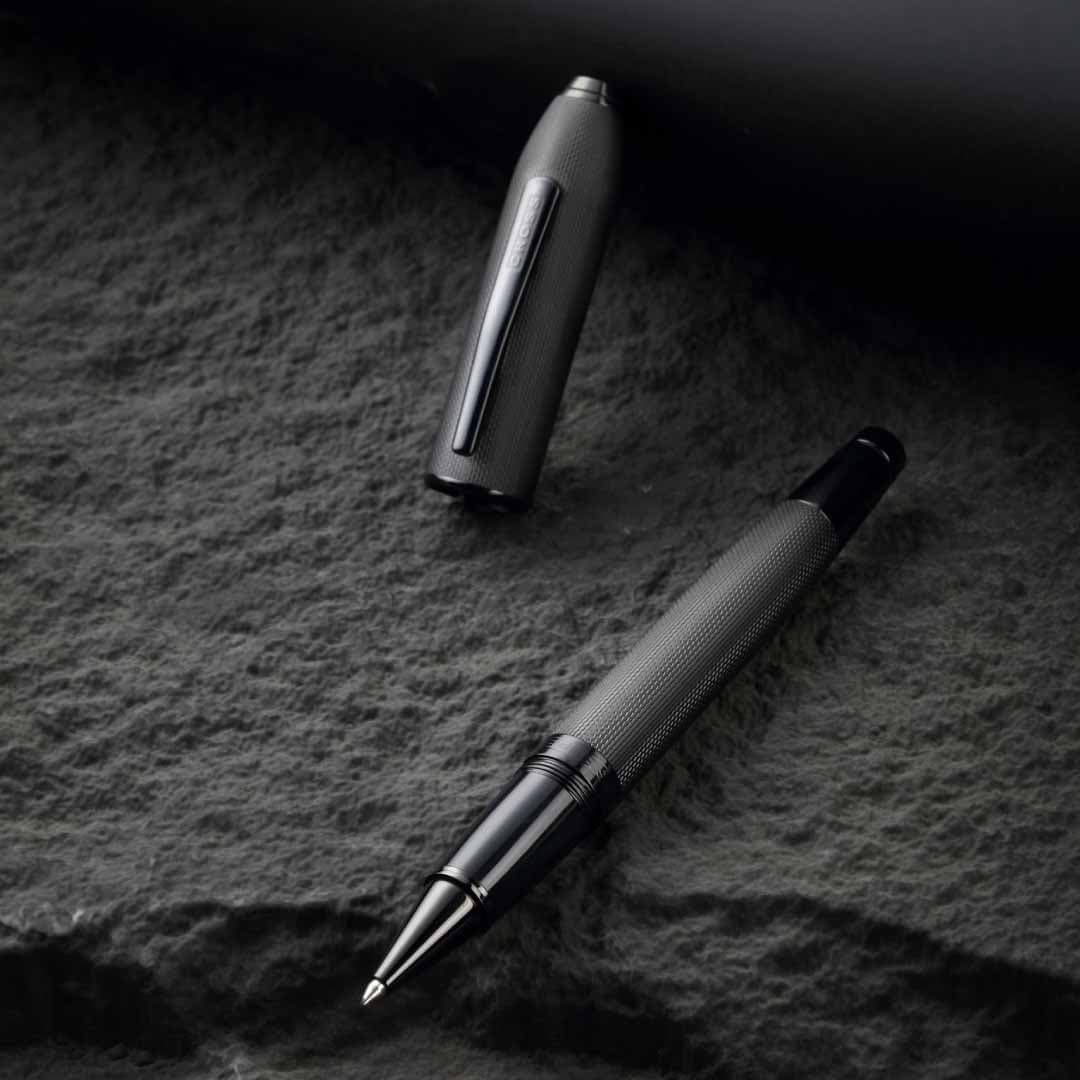 Peerless™ Polished Black PVD Engraved Diamond Pattern with Black PVD Appointments and Swarovski Crystal Rollerball Pen (Blue Ink) detail 5