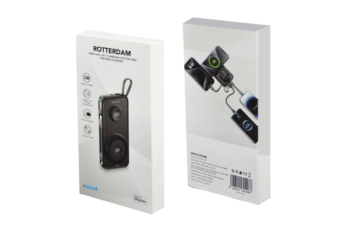 ROTTERDAM - @memorii® 10,000mAh Universal Wireless Powerbank with inbuilt cables - Black detail 7