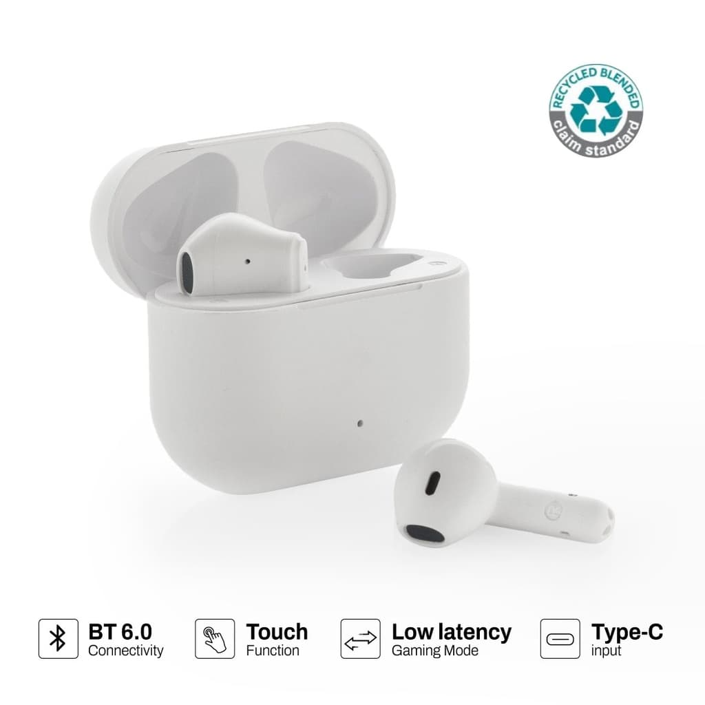 TUNEVO RCS recycled plastic wireless earbuds - White corporate gift