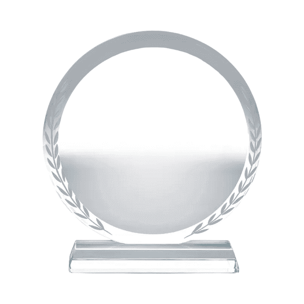 Laurel – Round Clear Crystal Awards with Engraved Leaves