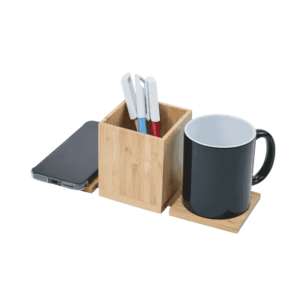 Oakline – Foldable Bamboo Fast Wireless Charging Pad (15W) with Mug Warmer & Pen Holder detail 2