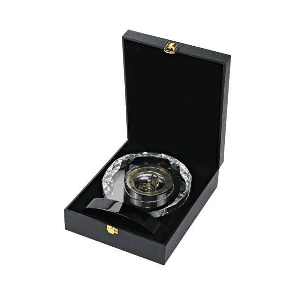 Sentry – Round Crystal Clock Awards with Oval Glass Base in box detail 2