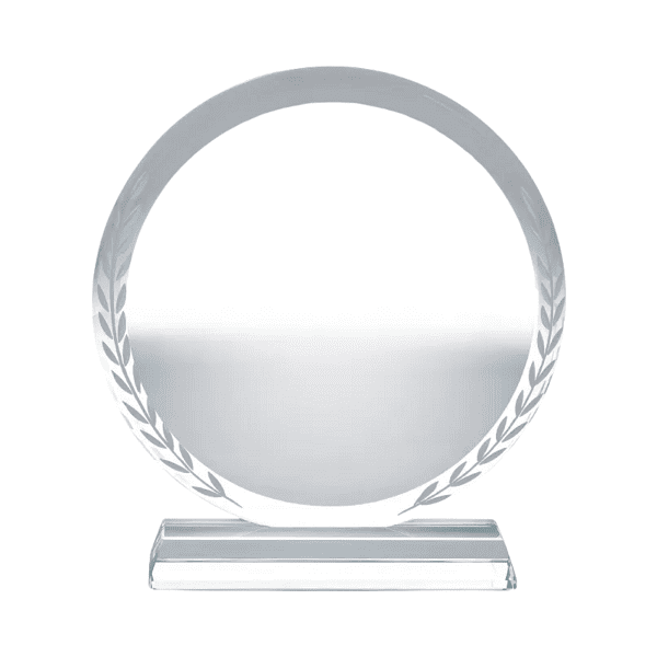 Laurel – Round Clear Crystal Awards with Engraved Leaves