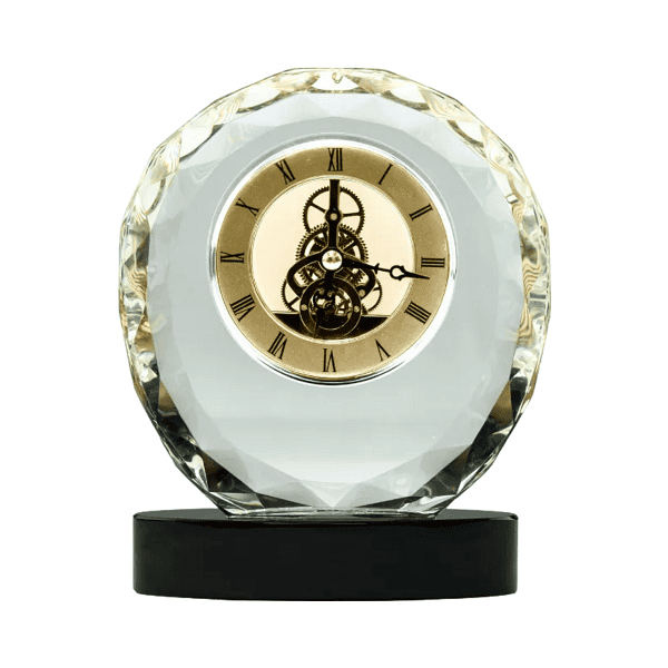 Sentry – Round Crystal Clock Awards with Oval Glass Base in box